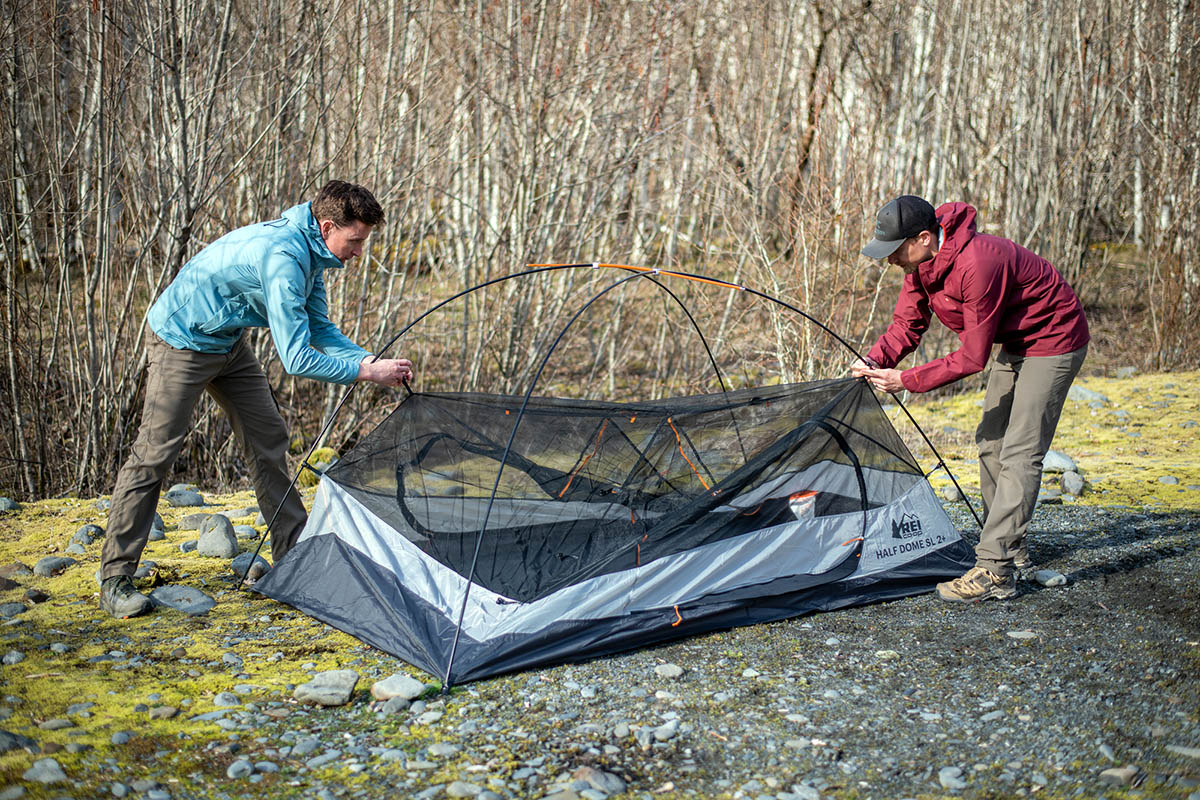 Backpacking tent (setting up REI Half Dome)